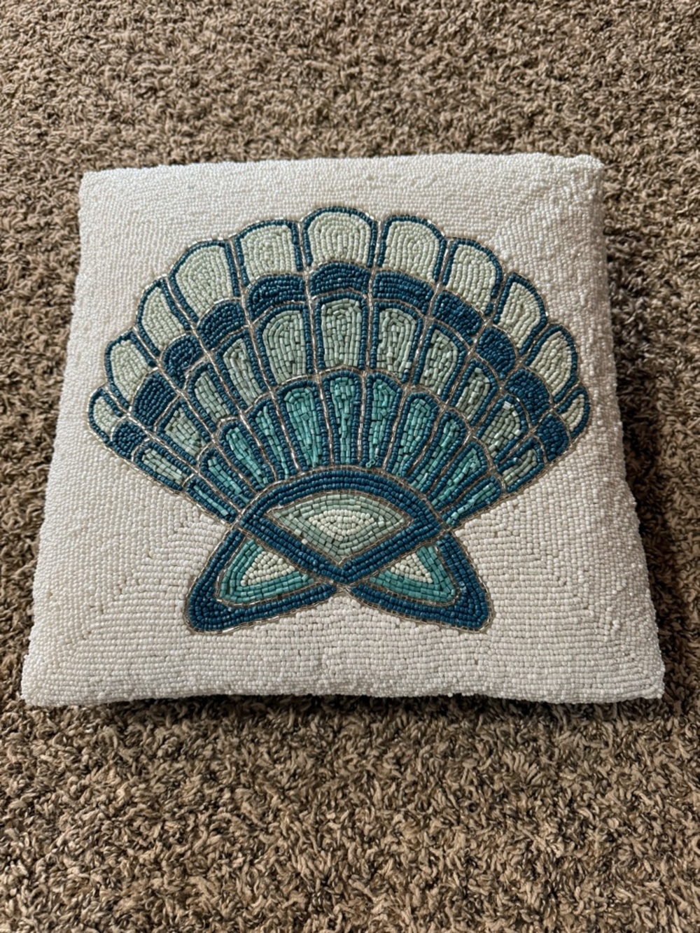 Beaded Seashell Accent Pillow in Teal and White